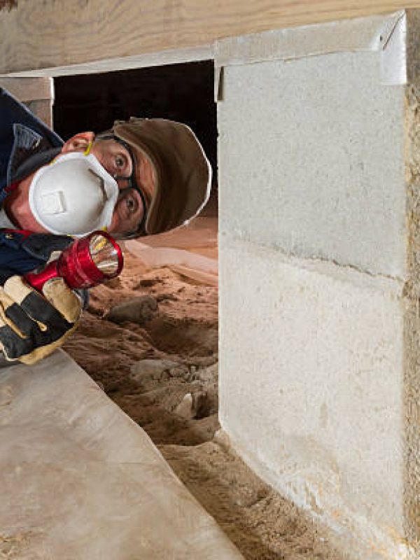 Termite inspector in residential crawl space inspects a pier for termites.