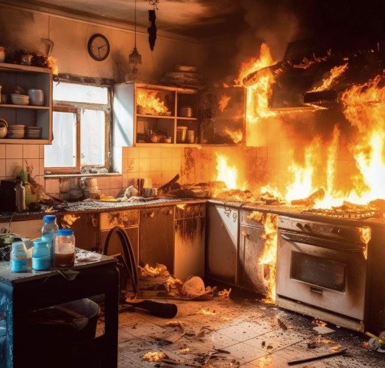 Kitchen with a lot of fire in the middle of it and a stovetop on fire in the middle of the kitchen, with a lot of flames on the countertop of the stove, Generative AI